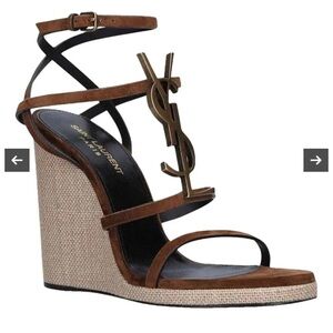 SAINT LAURENT Cassandra 115 YSL logo suede leather wedges sandals